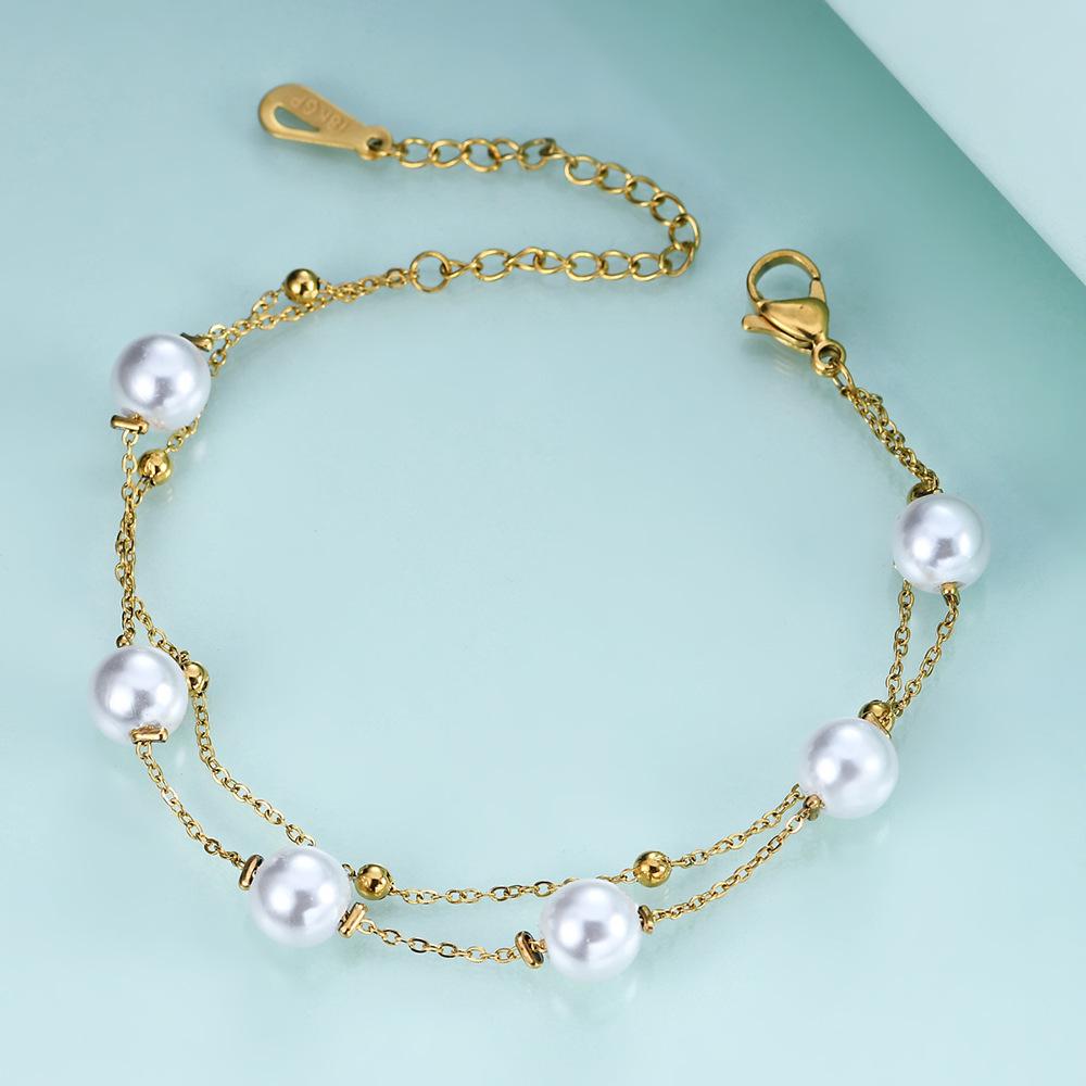 Bracelet à double couche en acier inoxydable avec perles créatives européennes et américaines pour femmes