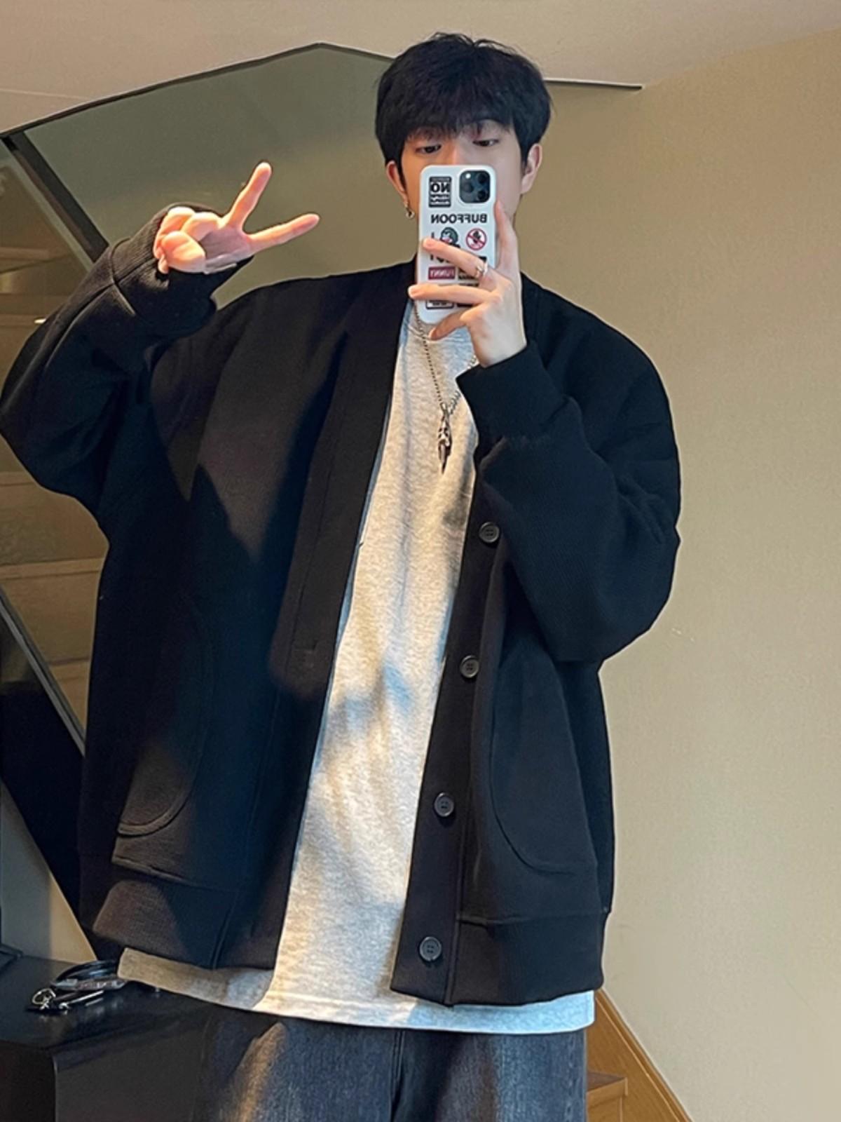 

American trendy brand versatile handsome clothes wear lazy outerwear men s spring loose long-sleeved sweater XXXL чорний