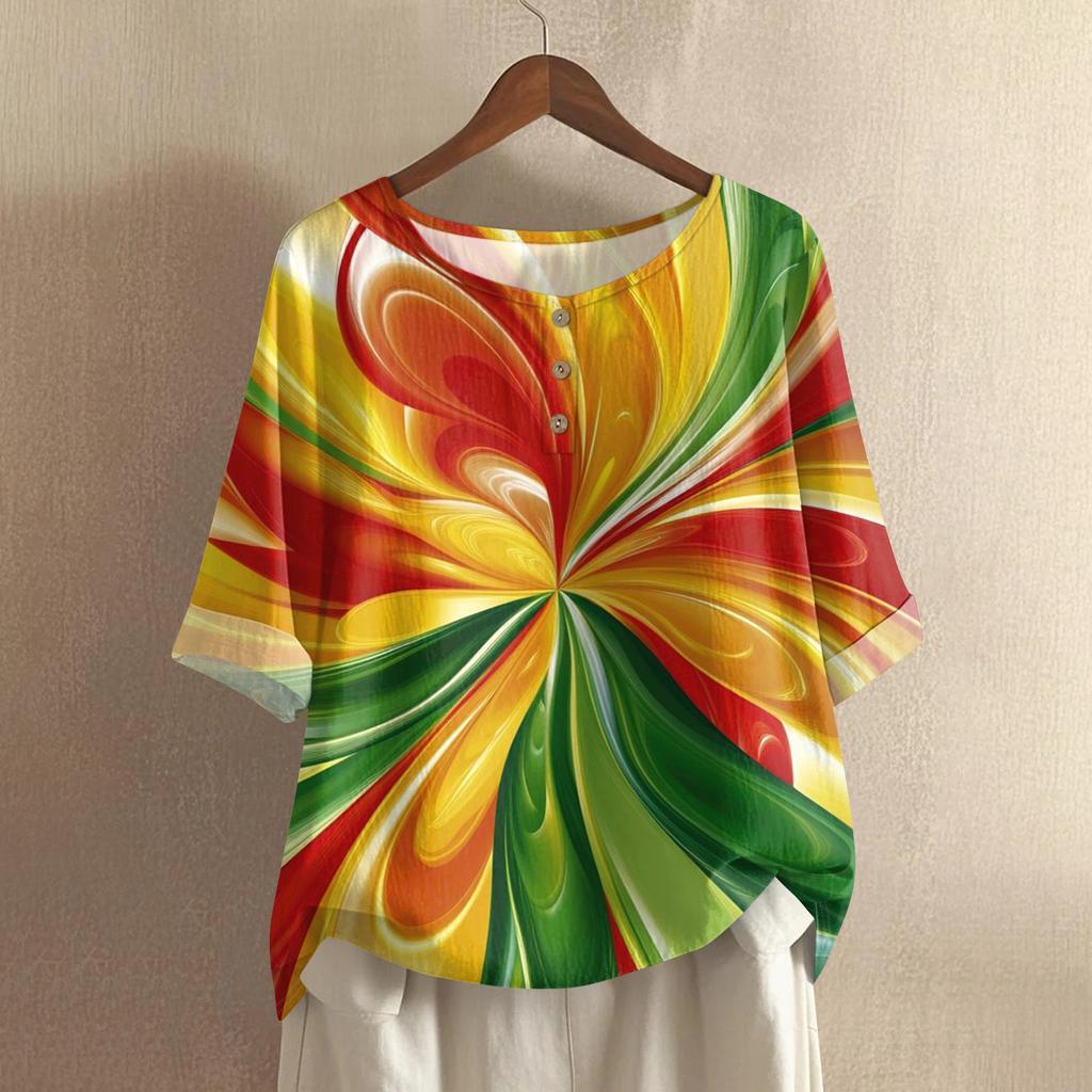 Women's Fashionable And Casual Shirt Half-sleeve Round Neck Cotton And Linen Blouse Top