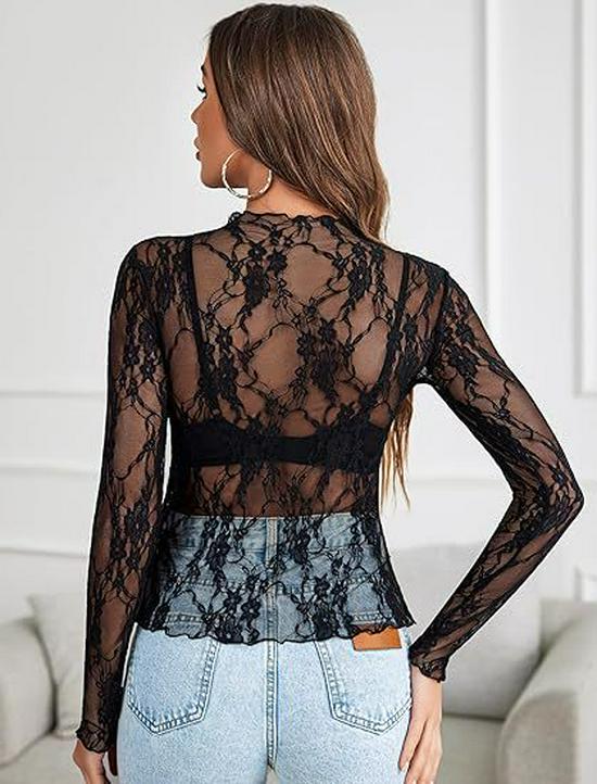 2024 Women's Long Sleeve Stand Collar Floral Lace Top - Transparent See-through Design