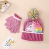 Unicorn Beanie Mittens Set for Kids Girl Cute Fashion Plush Fleece Lined Winter Hat with Gloves Cartoon Animal Ear Thermal Set
