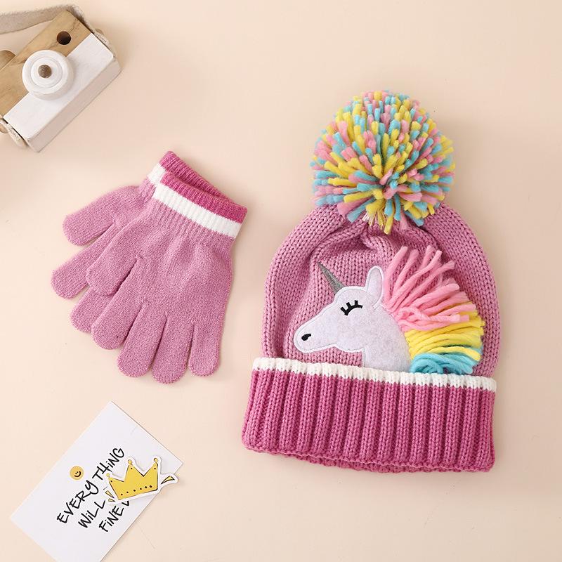 Unicorn Beanie Mittens Set for Kids Girl Cute Fashion Plush Fleece Lined Winter Hat with Gloves Cartoon Animal Ear Thermal Set