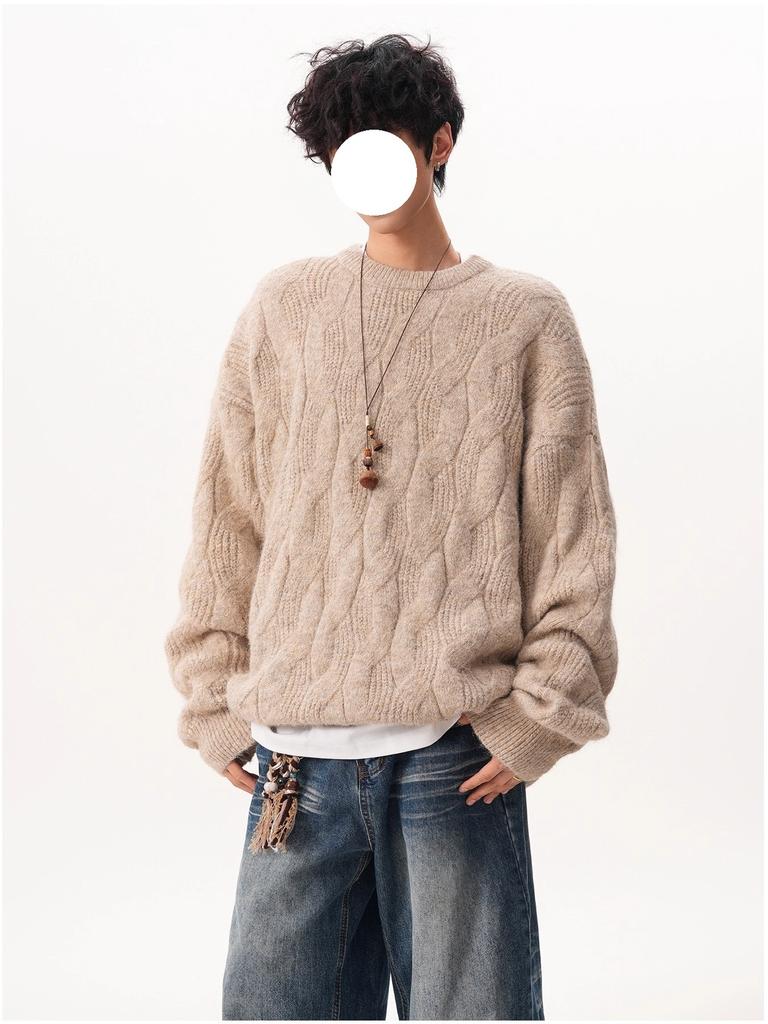 Retro heavy texture crew neck knitted sweater men's and women's autumn and winter design simple loose couple pullover top