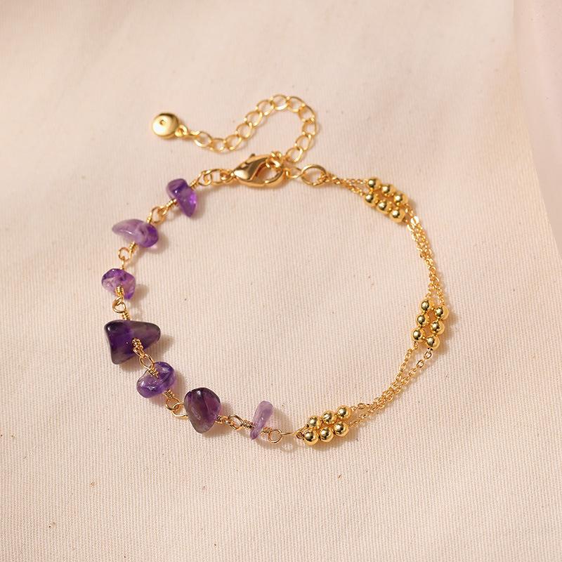 Purple Natural Amethyst Gravel 18k Gold Plated Chain Bracelet For Women