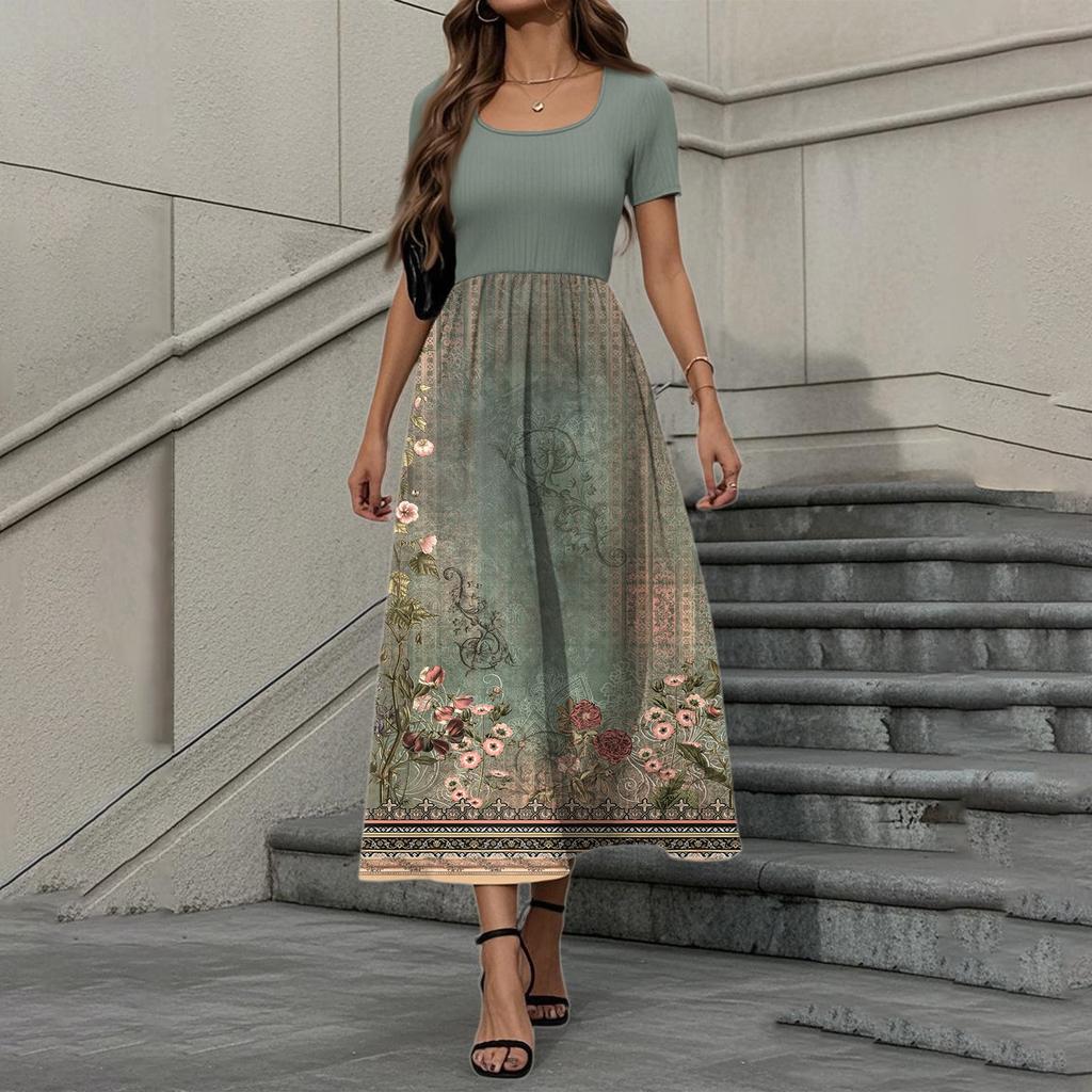 Women's Fashion Casual Short Sleeve Round Neck Splicing Floral Print Elegant Temperament Dress