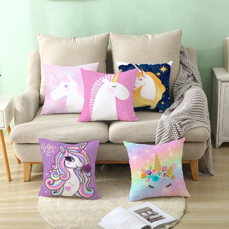 Time Cartoon Home Decor Pillow Purple Unicorn Pillowcase Rainbow Sunrise Sofa Cushion Cover