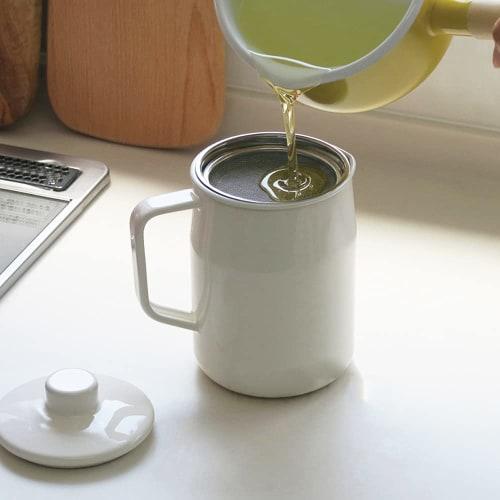 Fuji Horo Enamel Oil Pot with Stainless Steel Filter, Mini, 1.0L, White (Filto OP-1.0L W)