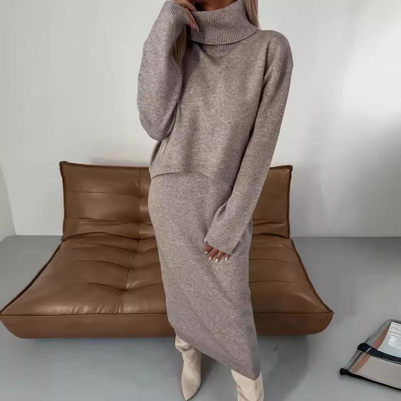 High Neck Long Knit Sweater Dress Two-Piece Set for Autumn/Winter