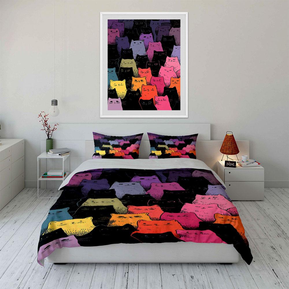 Colorful Cat Pattern Design Bedding Duvet Cover Set Duvet Cover Pillowcases (1*Duvet Cover 2*Pillowcases, Without Duvet Insert)
