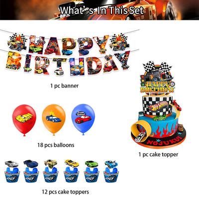 32ks Potřeby pro párty s tématikou Hot Wheels Včetně banneru, natě na dort, balónku