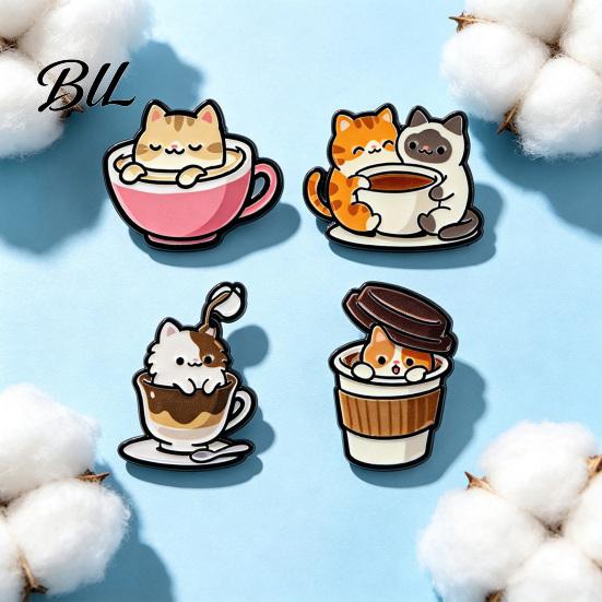 Zinc Alloy Brooch Cartoon Coffee Cup Cat Brooch, Kitten Enamle Lapel Pin, Animal Pin Theme Badge, Clothing Accessories for Lovers