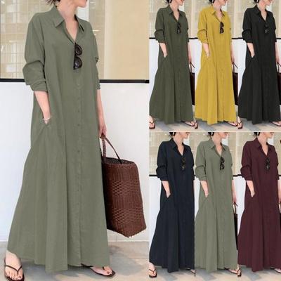 Rochie lungă cămașă maxi pentru femei, cu decolteu în V, cu mâneci lungi, din bumbac, cu buzunare