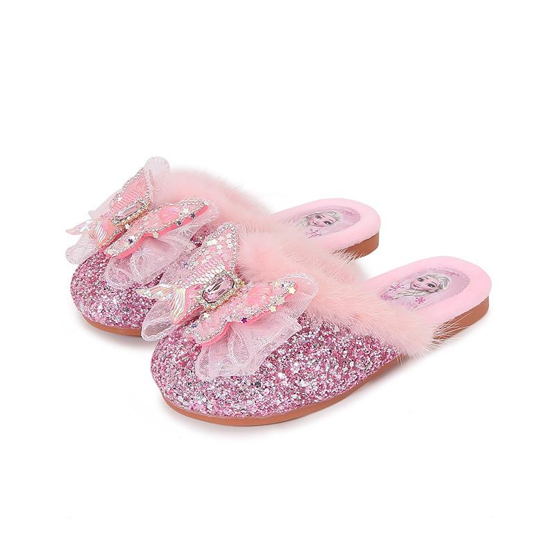 

Girls home plush slippers, Elsa Princess shoes, cute soft-soled slippers, furry slippers 23 розовый