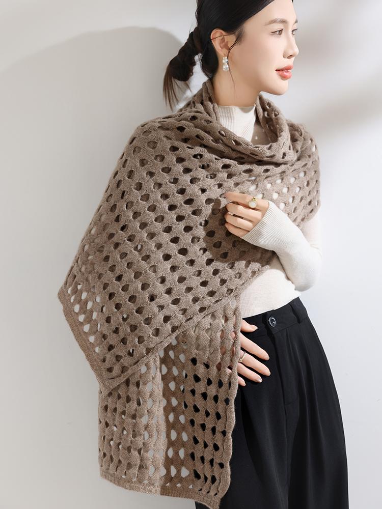 100% Cashmere Openwork Scarf Large Mesh Women Knit Shawl Knotted Wrap Casual Soft Warm Cashmere Hollow Out Cappa Cozy 170x43cm