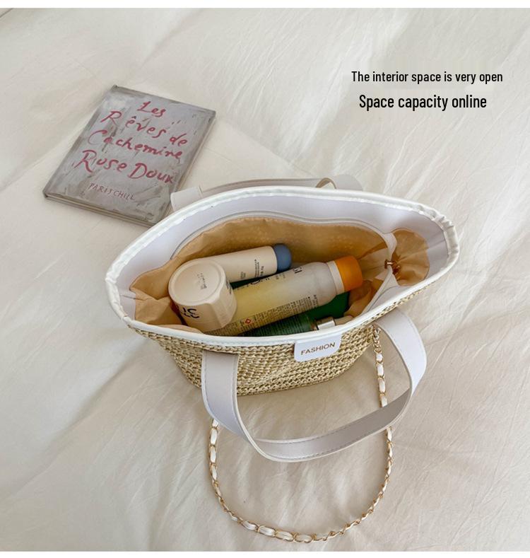 Women's 2026 Korean-Style Vacation Straw Bag: Handheld, Large Capacity, Chain Shoulder, Simple Fruit Basket Design