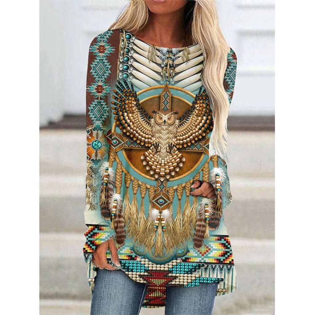 Western Aztec Ethnic 3D Print Langermede T-skjorter Bohemian Women Vintage Fashion T-skjorte Oversized Streetwear T-skjorter for kvinner Topper