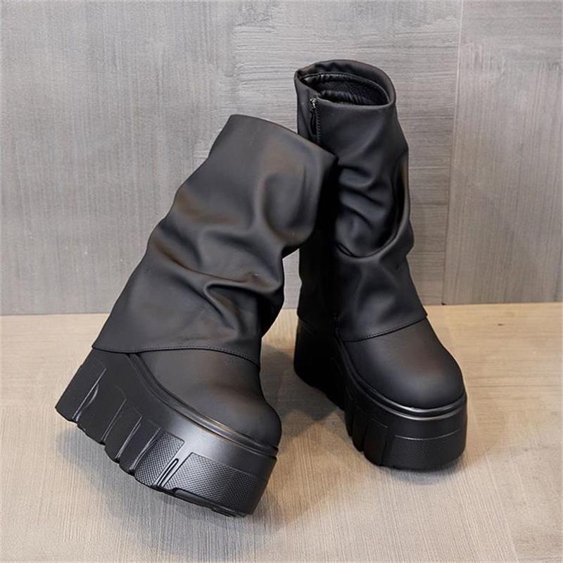 Height-increasing Shoes, Trouser Boots, Women's Soft Leather Thick-soled Waterproof Mid-calf Ankle Boots
