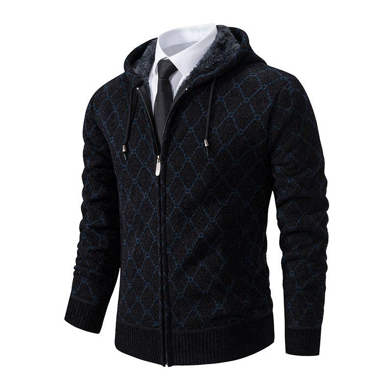 Winter Men's Cardigan Sweater with Thick Velvet and Loose Casual Hooded Knitted Jacket for Outerwear