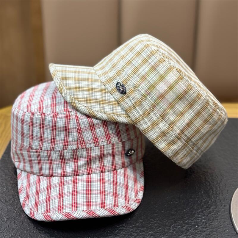 New Thin Plaid Flat Top Beret Hat Women Vintage Newsboy Cap Luxury Casual All-match Painter Hat