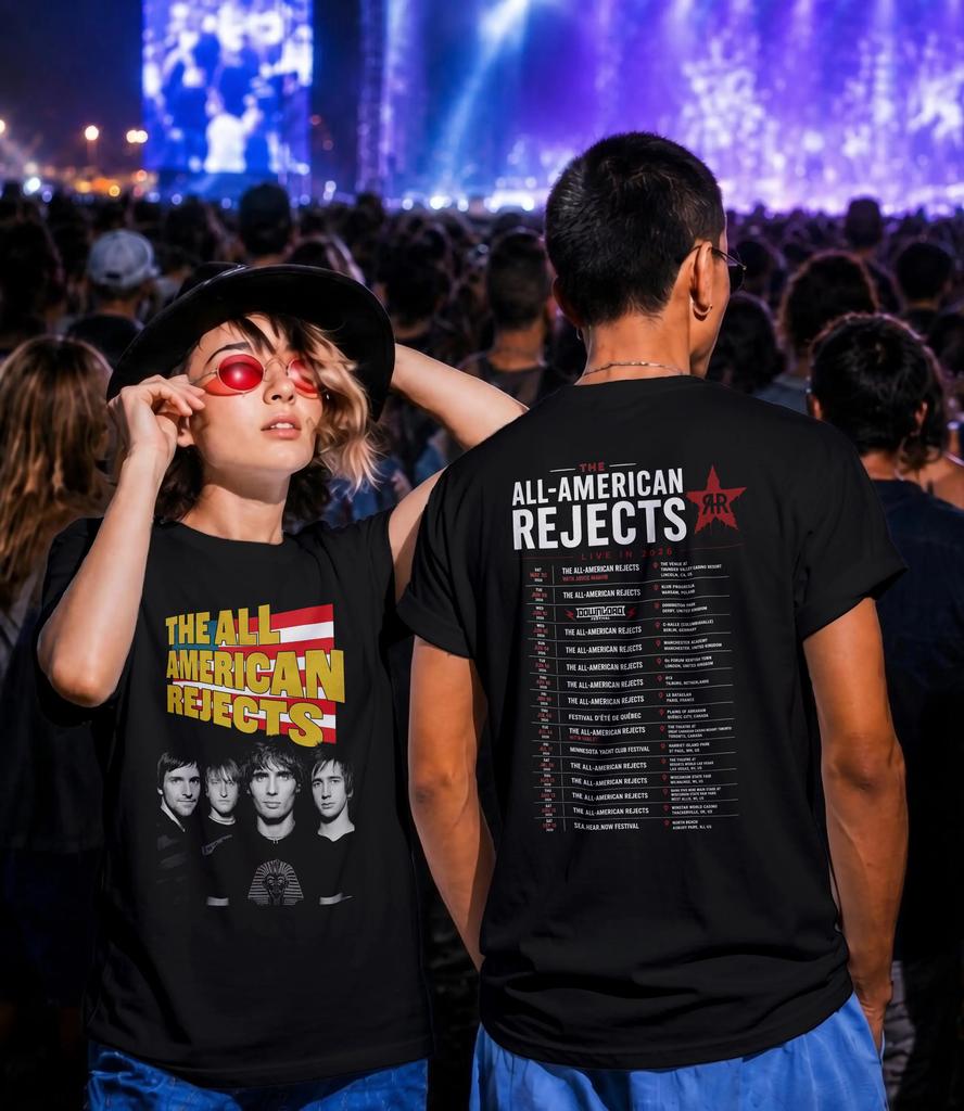 The All-American Rejects 2026 Tour T-Shirt, Double Sided Print on Front and Back, Retro Band Graphic, Casual Cotton Short Sleeve Tee.