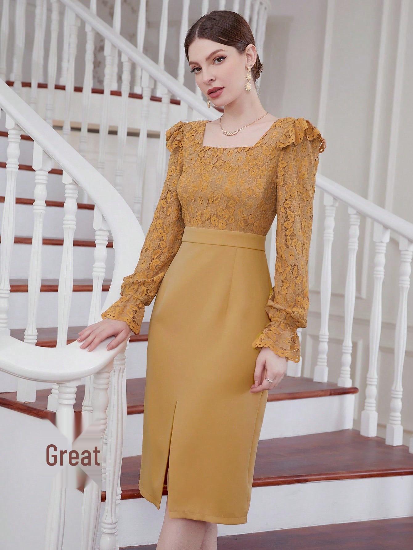 

Весна 2025 Женское платье с французским кружевом и вставками - Элегантный стиль с акцентом на талии Large верблюд