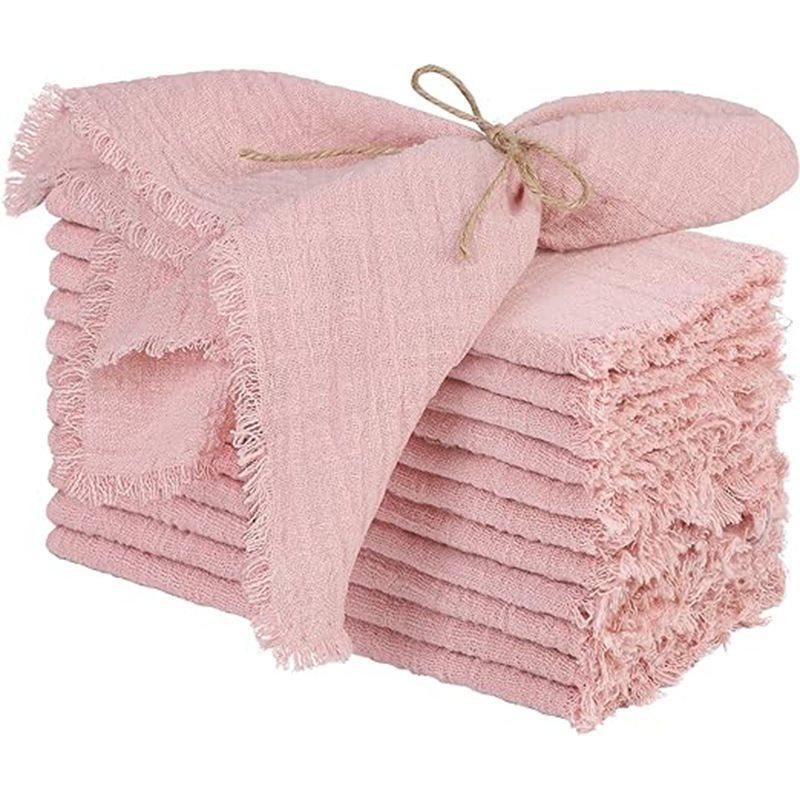 6pcs 32x32cm 100% Cotton soft beige Gauze C Wedding Napkins Reusable Blue Trim Tea Towel Rustic Retro Burrs napkins For Dinner,Party,Weddings