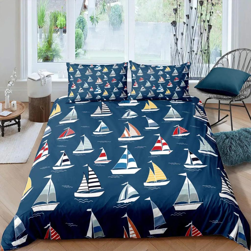 Pirate Sailboat Soft Duvet Cover Nautical Ocean Theme Young Boys Ten Beding Col Style Adult People Beding Set Wave Patern Printed Rom Decor