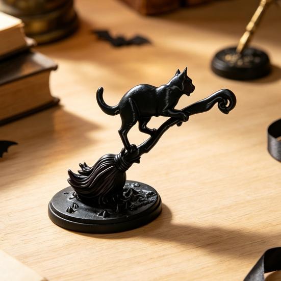 Durable Pla Craft Black Cat On Witch Broom Figurine, 3D Printed Broomstick Statue, Halloween Table Decoration Tabletop Ornament for Tiered Tray, Desk,