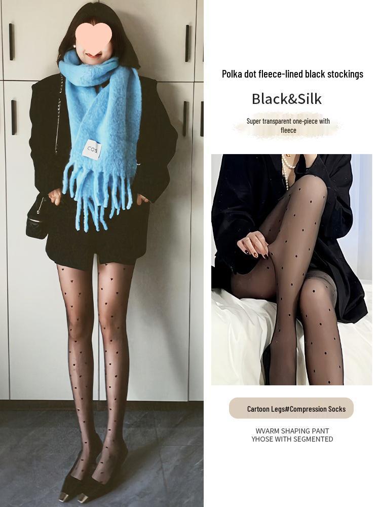 Polka Dot Black Fleece-Lined Fishnet Tights for Women – Double-Layer, See-Through Leggings for Autumn and Winter.