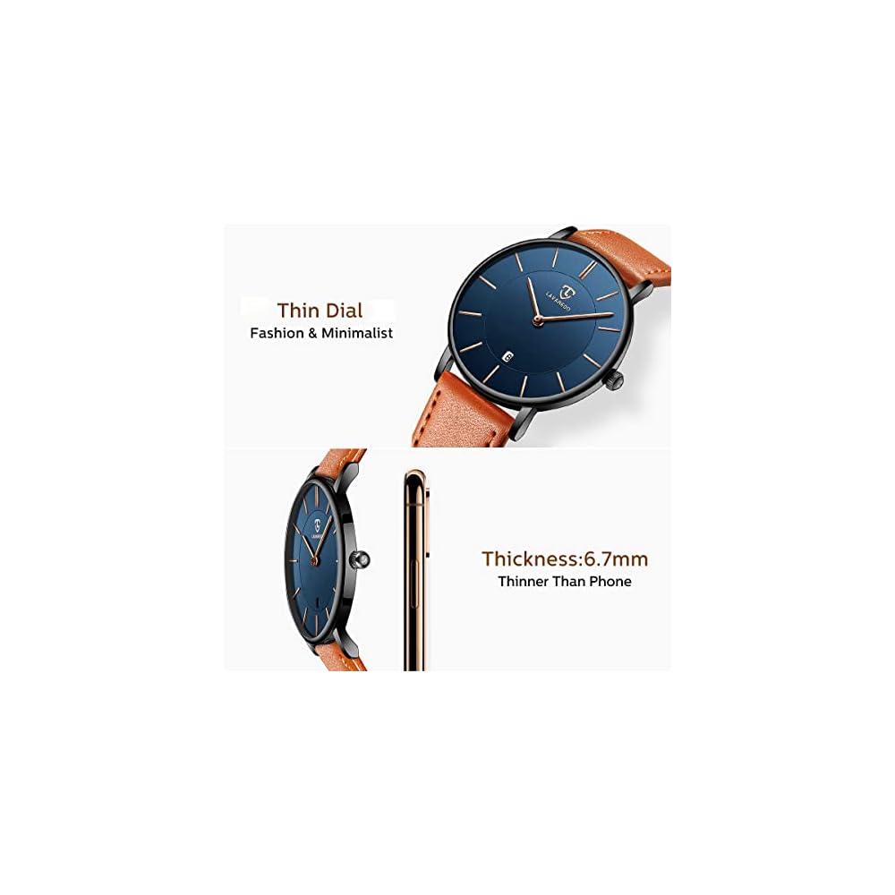 Minimalist Men's Analog Watch with Date Display and Leather Strap Orange Blue