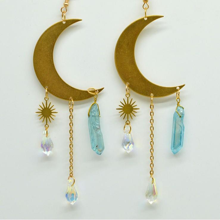 Multi-colored Copper Moon and Sun Raindrop Crystal Earrings