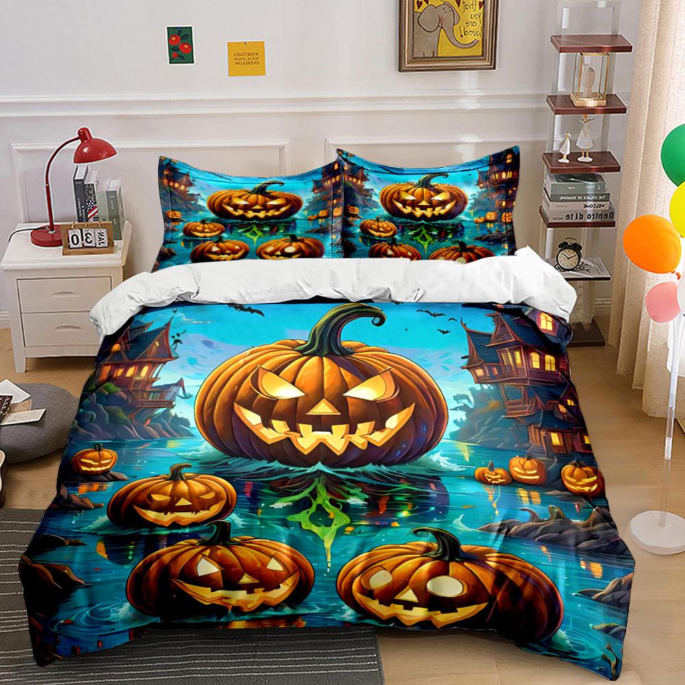 Geister Kürbis Halloween Szene Bettwäsche Bettbezug Set Bettbezug Kissenbezüge (1*Bettbezug 2*Kissenbezüge, ohne Bettdecke)