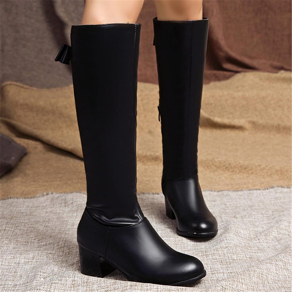 Fashion Autumn Winter Warm Over The Knee Boots Women Fashion Side Zipper High Heels Bow Ladies Soft PU Leather Long Botas Mujer Brown