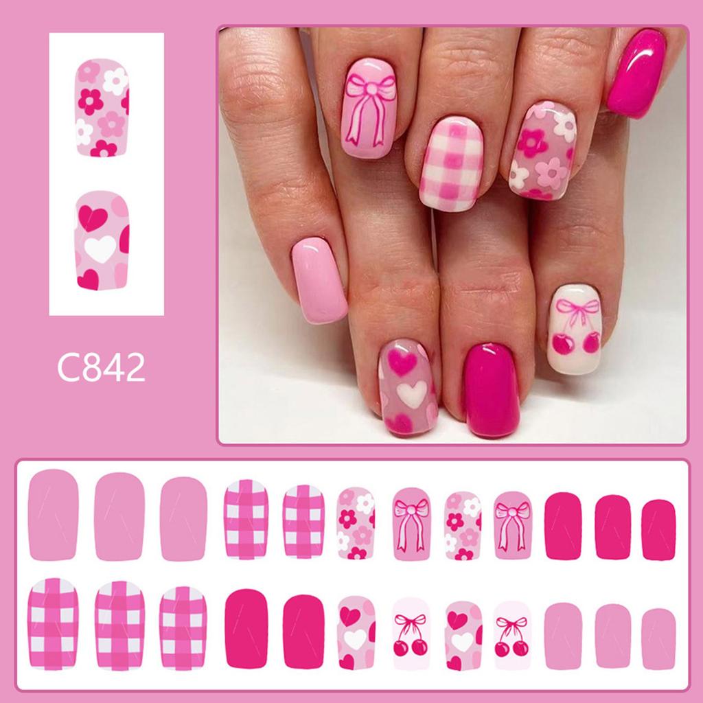 24 Pcs Lovely Flowers False Nail Sweet Heart Artificial Nail Glossy Full Cover Stick On Nail Medium Square Press On Nail