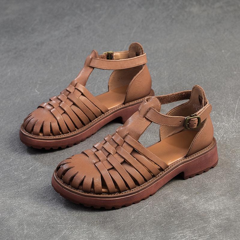 Johnature Sandali intrecciati traspiranti scavati Scarpe da donna in vera pelle stile romano retrò