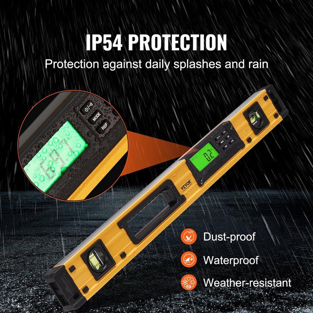 Magnetic Torpedo Level, 600mm, LED Backlit Screen Mechanical Bubble Vials Ruler for 0-360 Degree, Gravity Sensor Aluminum Alloy Leveler Tool w/