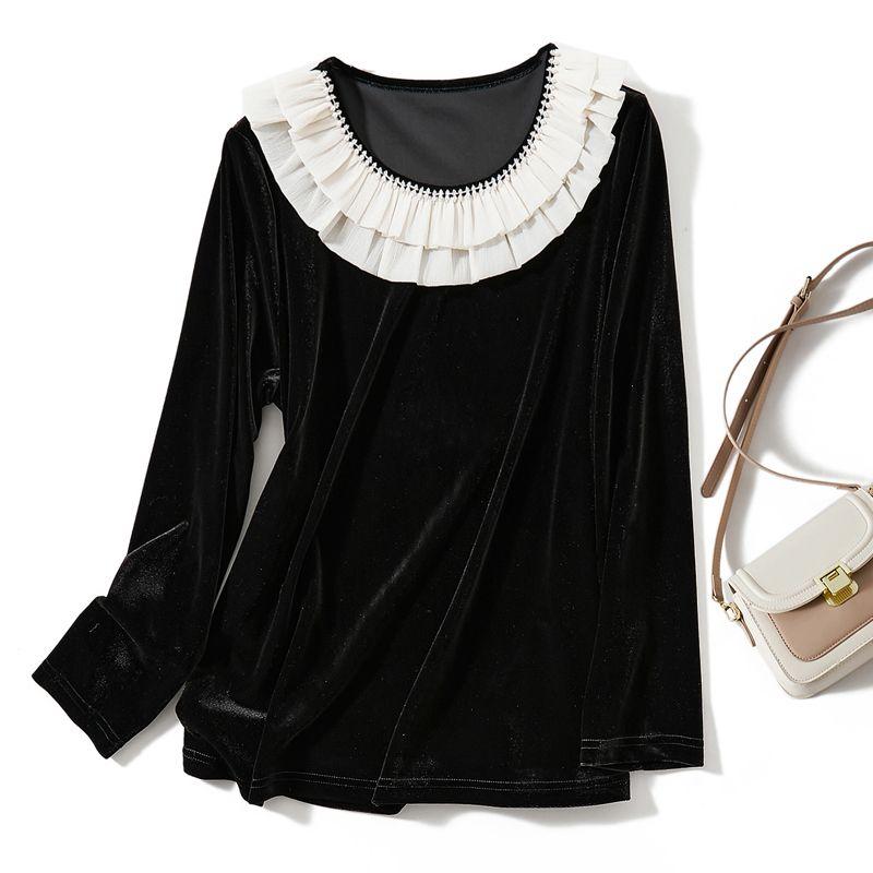 

French Single Grab Benefits! Women s Long-Sleeved Gold Velvet Beaded Doll Collar Pullover T-shirt Autumn and Winter Undershirt Easiest for Match Black L