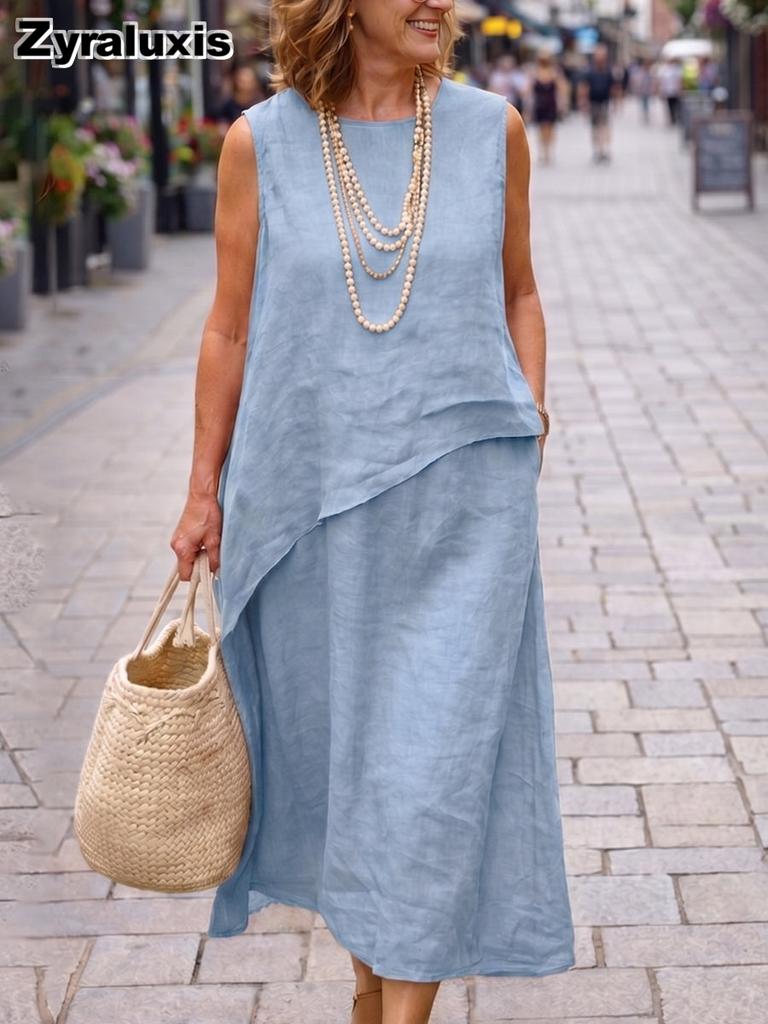 Women's Casual Cotton Linen Irregular Vest and Half Skirt Set Long Maxi Dress Outfit