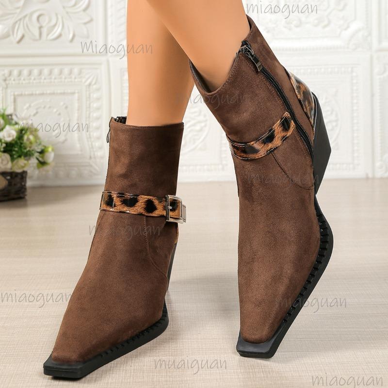 Leopard Print Thick Heel Pointed Toe Buckle Boots for Women Autumn 2025 New Side Zipper Retro High-heeled Short Boots