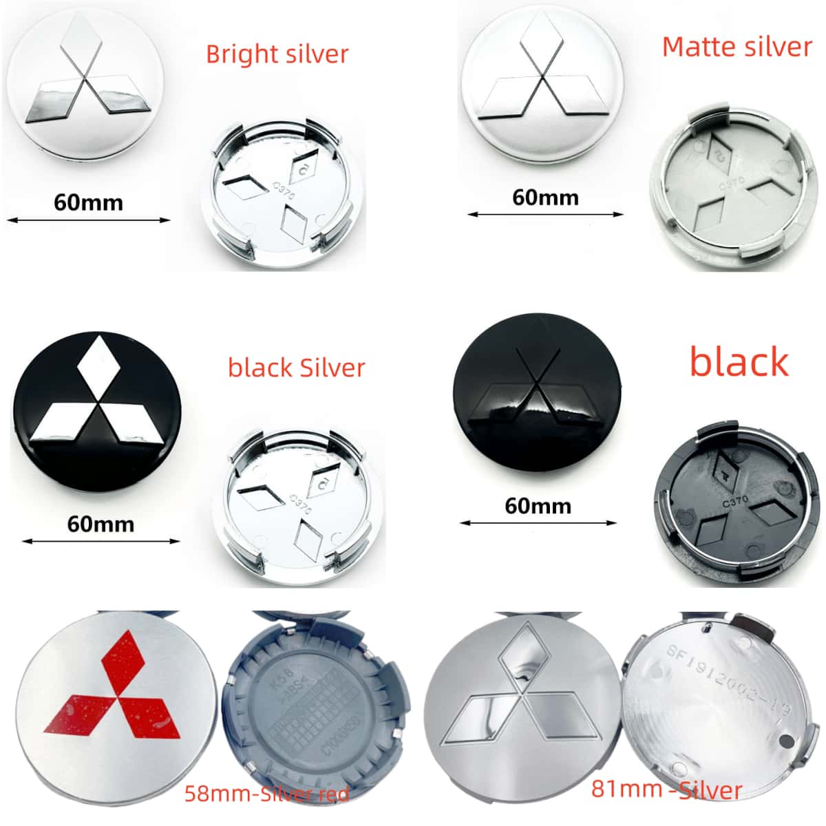 

4pcs Set Black Wheel Hub Caps for Mitsubishi Lancer ASX Outlander EVO Montero Mirage L200 Eclipse Cordia - 58mm 60mm 81mm Sizes 60mm Matte silver