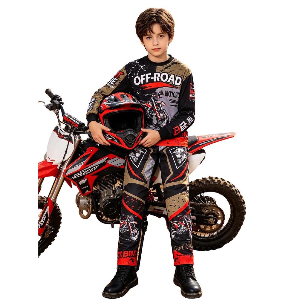 Kinder Jungen Bedruckter Motocross Anzug Off-Road Motorrad Rennanzug Rundhals Langarm Oberteil mit Elastischem Bund Taschen Hose