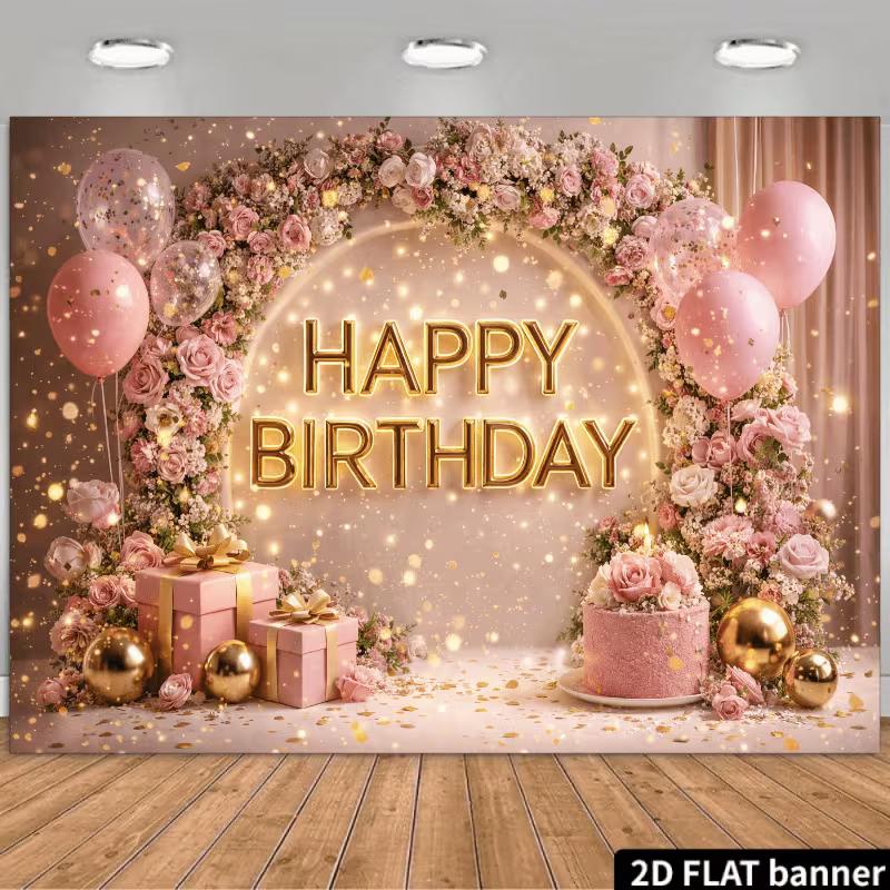 

2D Rose Gold Floral Birthday Backdrop Pink Arch & Balloons Background for All Ages 47.2x31.5inch/120*80cm