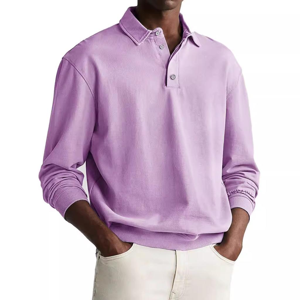 Polo de Manga Larga para Hombre Color Sólido Solapa Botón Oficina Viajero Negocios Casual Jersey Moda Camiseta Deportiva