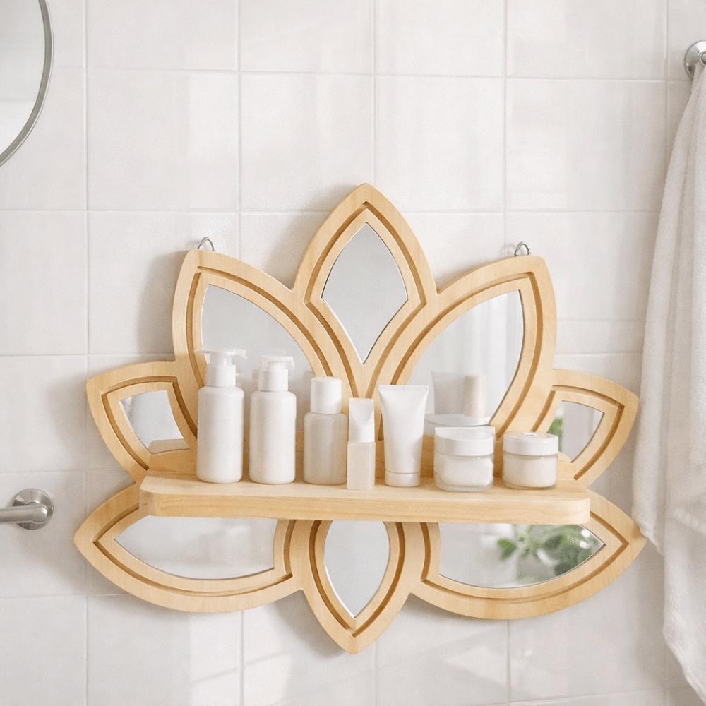 Lotus Wood Shelf Wooden Lotus Floating Shelf with Mirror Detachable Wall Shelf Ledge Decorative Display Wall Shelf Bedroom
