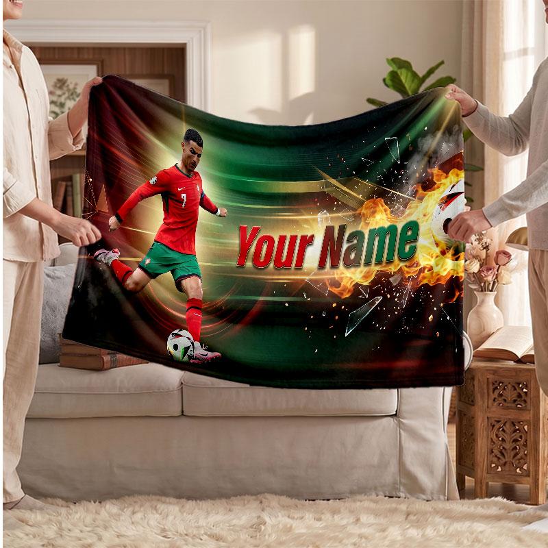 Couverture polaire personnalisée Cristiano Ronaldo avec logo de football, texte de nom personnalisé, couverture d'appoint douce et chaude pour la maison