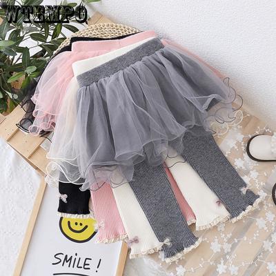 Girls' Pants for Spring and Autumn Fashion Children's Mesh Skirt Pants Fake Two-piece Outerwear Leggings Trendy