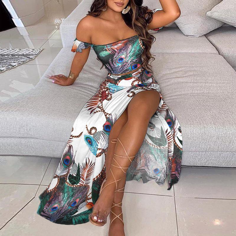 2024 European & American Summer Slim-Fit Strapless Bohemian Mid-Length Vintage Print Dress Set