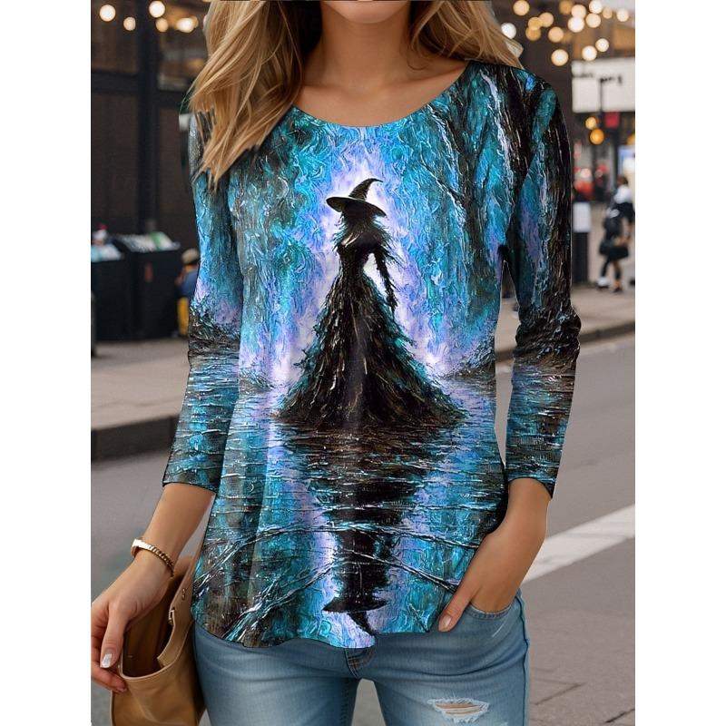Women's T Shirt Witch Long Sleeve Crew Neck Long Sleeve Casual Round Neck Regular Tops