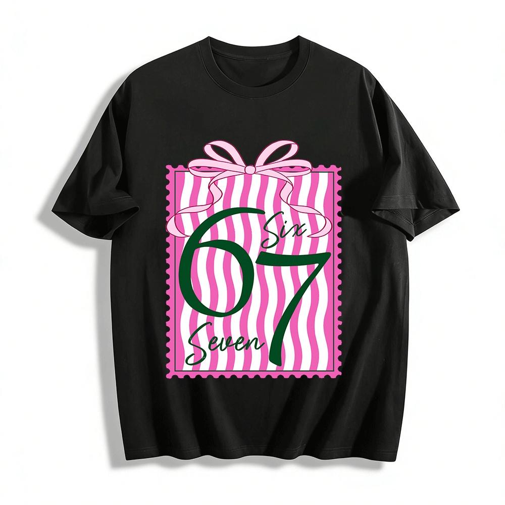 Bowknot Number 67 Print Casual Sweet Style Top Pure cotton T-shirt XXS