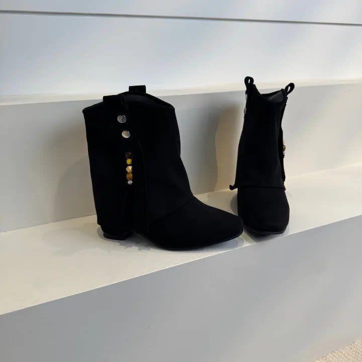 Western pointed fashion boots retro versatile inner height increase tassel pile new autumn and winter cowboy boots